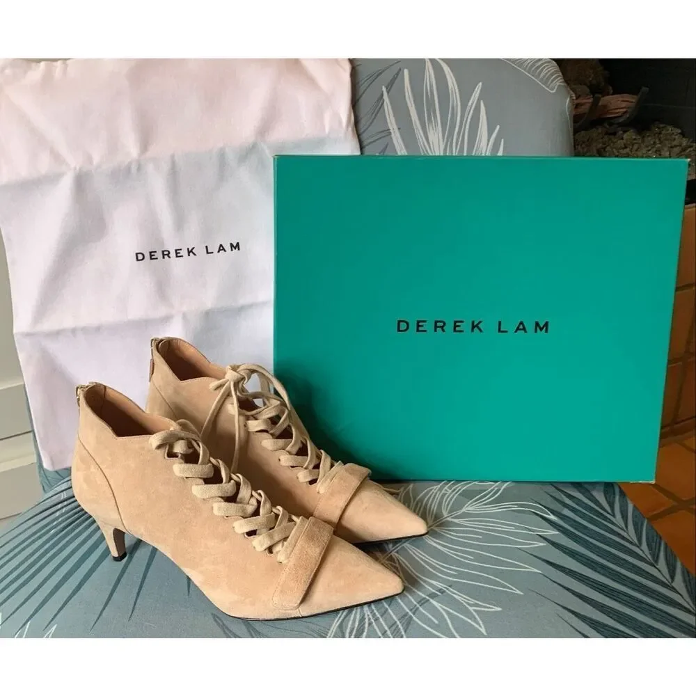 NEW IN BOX Derek Lam Montparnasse tan Suede Lace Up Booties Heels Shoes sz 38